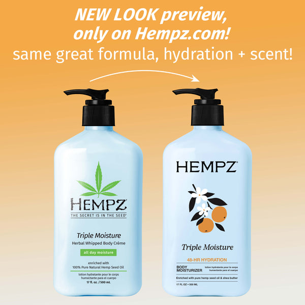 Two Hempz Triple Moisture body crme bottles with text about a new look preview on Hempz.com.
