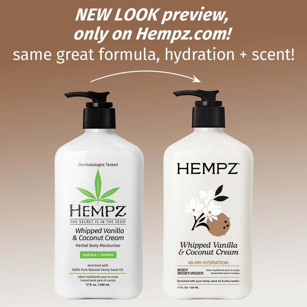 Two Hempz Whipped Vanilla & Coconut Cream bottles with text about a new look preview on Hempz.com.