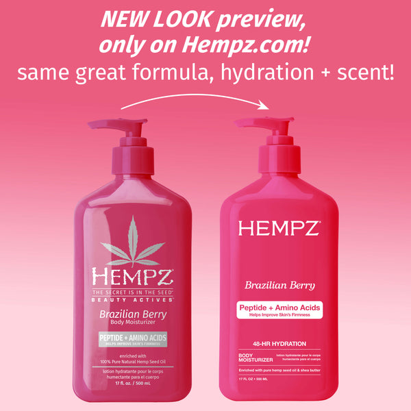 Two Hempz Brazilian Berry body moisturizer bottles on a pink background with text about a new look preview.