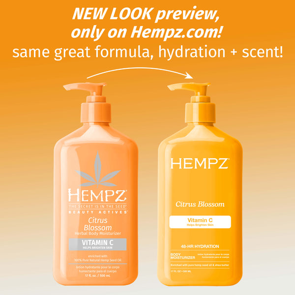 Two Hempz Citrus Blossom body moisturizers on an orange gradient background with text about a new look preview.