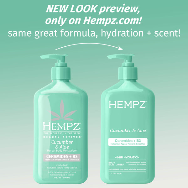 Two bottles of Hempz Cucumber & Aloe product on a green background with text about a new look preview.