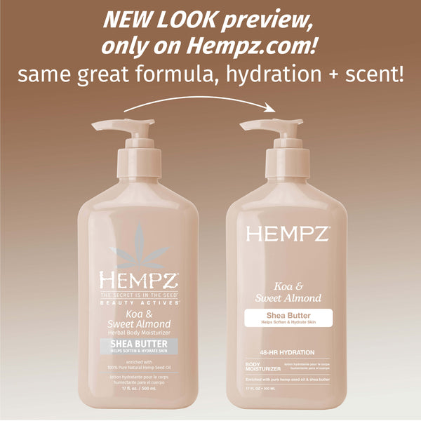 Two Hempz Shea Butter bottles with a promotional message on a gradient background