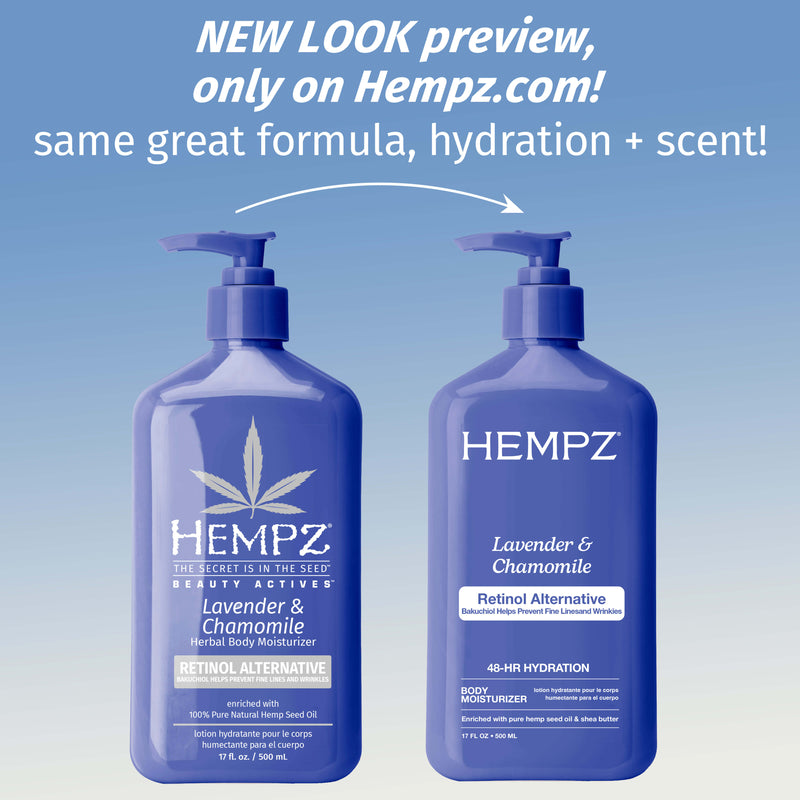 Two Hempz Lavender & Chamomile body moisturizers on a blue gradient background with promotional text.