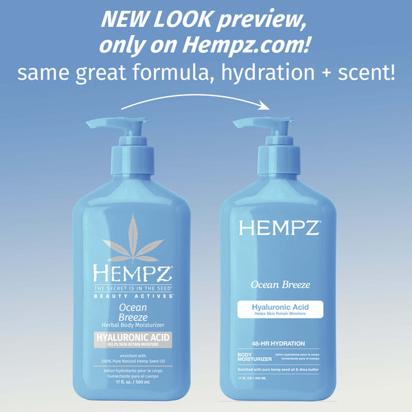 Two Hempz Ocean Breeze body moisturizers with text about a new look preview on Hempz.com.