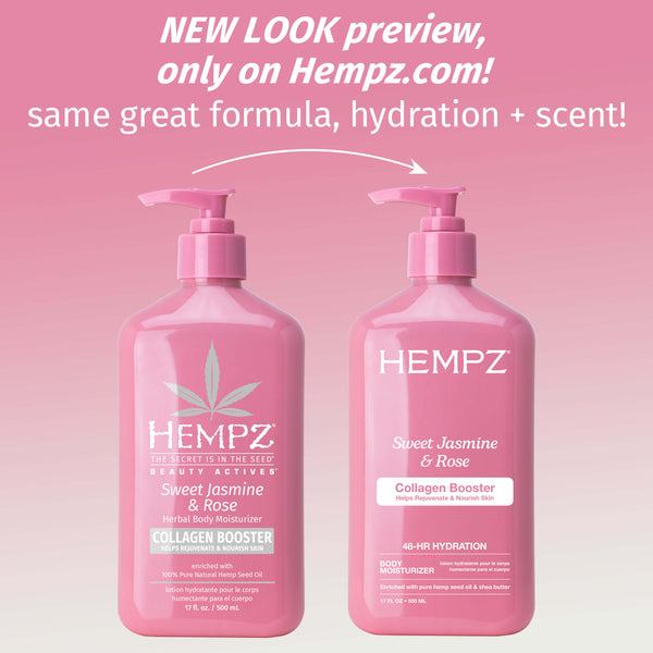 Two pink Hempz bottles on a pink background with text about a new look preview.