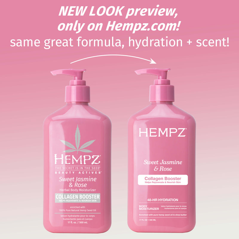 Two pink Hempz bottles on a pink background with text about a new look preview.