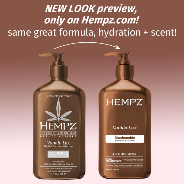 Two Hempz Vanilla Lux body moisturizer bottles with promotional text on a gradient background