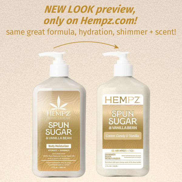 Two Hempz Spun Sugar & Vanilla Bean body moisturizers on a beige background with promotional text.
