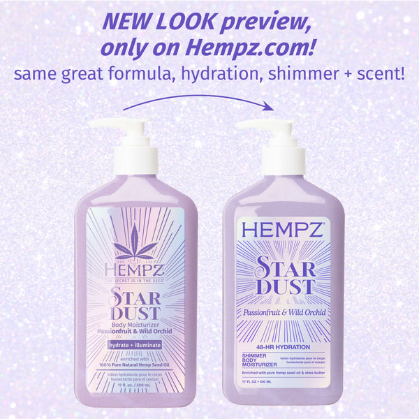 Two Hempz Star Dust body moisturizers on a purple background with promotional text.