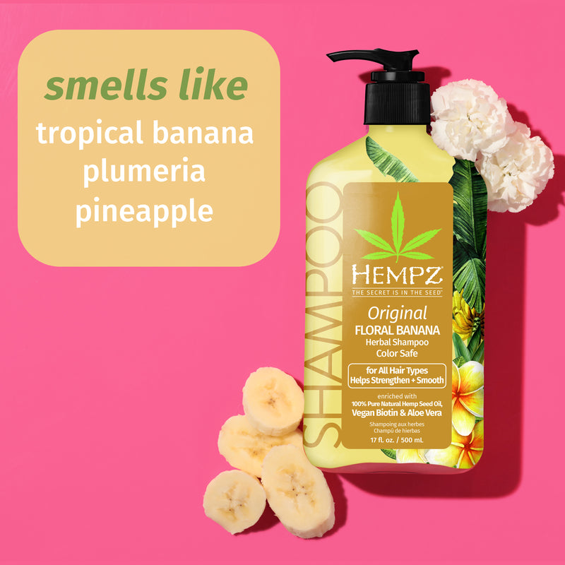 Original Floral Banana Herbal Shampoo smells like tropical banana, plumeria and pineapple