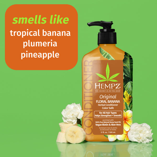 Original Floral Banana Herbal Conditioner smells like tropical banana, plumeria and pineapple