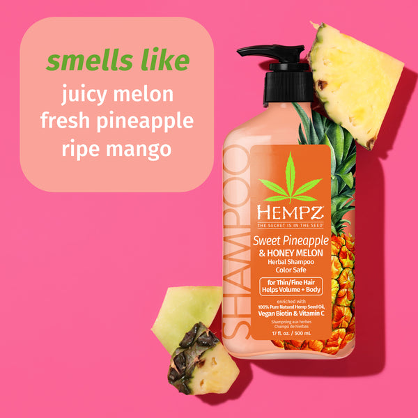 Hempz Sweet Pineapple & Honey Melon Herbal Shampoo smells like juicy melon, fresh pineapple and ripe mango