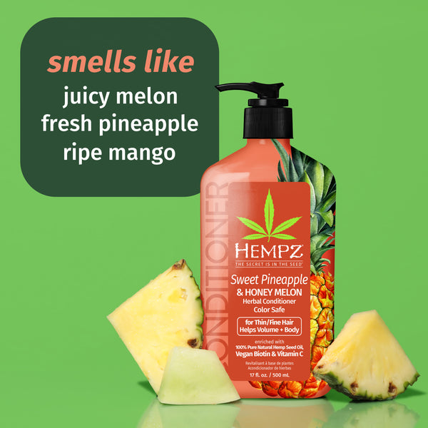 Hempz Sweet Pineapple & Honey Melon Herbal Conditioner smells like juicy melon, fresh pineapple and ripe mango