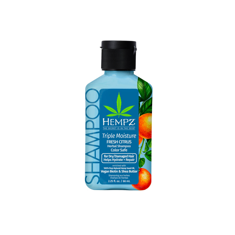 Hempz Travel-Size Triple Moisture Fresh Citrus Herbal Shampoo with vegan biotin for dry and damaged hair