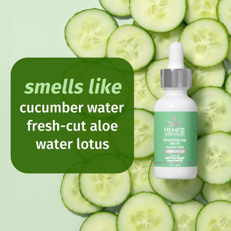 Beauty Actives Cucumber & Aloe Smoothing Day Facial Serum with Ceramides + B3 smells like cucumber water, fresh-cut aloe & water lotus