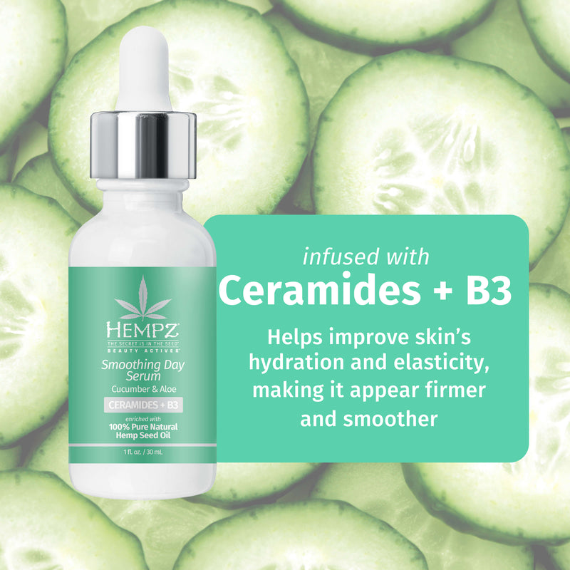 Beauty Actives Cucumber & Aloe Smoothing Day Facial Serum with Ceramides + B3 to help improve skin's hydration and elasticity, making it appear firmer and softer