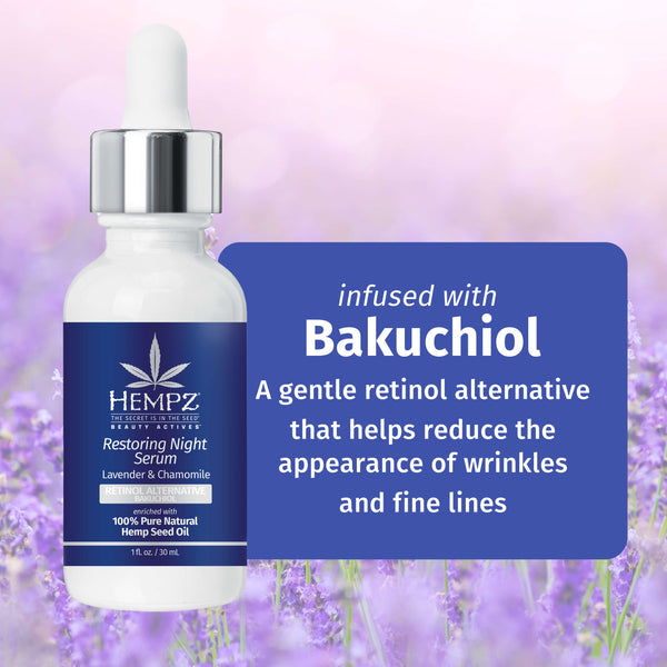 Beauty Actives Lavender & Chamomile Restoring Night Facial Serum with Retinol Alternative Bakuchiol to help reduce the appearance of wrinkles and fine lines