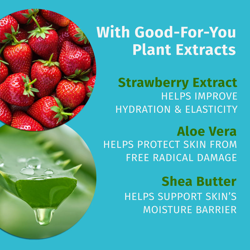 Made with Good for you extracts: Strawberry Extract, Aloe Vera, and Shea Butter