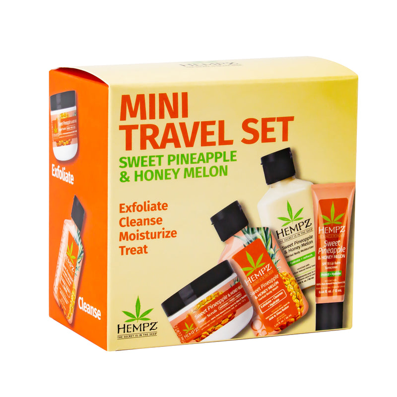 Hempz Sweet Pineapple & Honey Melon Body Scrub, Wash, Lotion & Lip Balm Mini Travel Set, box