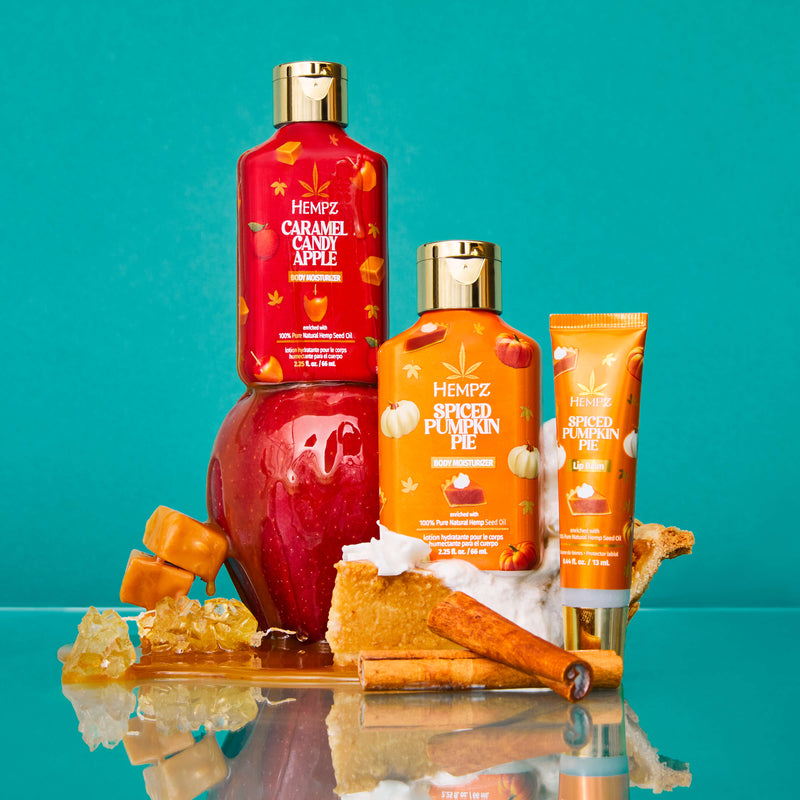 Hempz Fall Faves Trio Lotion & Lip Balm Set with pumpkins and apples