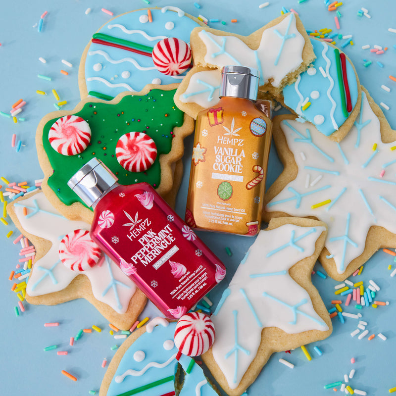 Hempz Sweets & Treats Holiday Mini Moisturizer Set with sugar cookies and peppermints