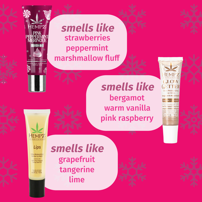Hempz Pink Peppermint Meringue Lip Balm with notes of strawberries, peppermint, & marshmallow fluff and Hempz Glow Getter Lip Balm with notes of bergamot, warm vanilla, & pinkraspberry and Hempz Herbal Lip Balm wtih notes of grapefruit, tangerine, & lime