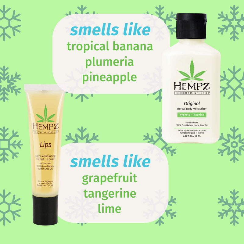 Hempz Original Banana Body Moisturizer with notes of tropical banana, plumeria, & pineapple and Hempz Herbal Lip Balm with notes of grapefruit, tangerine, & lime
