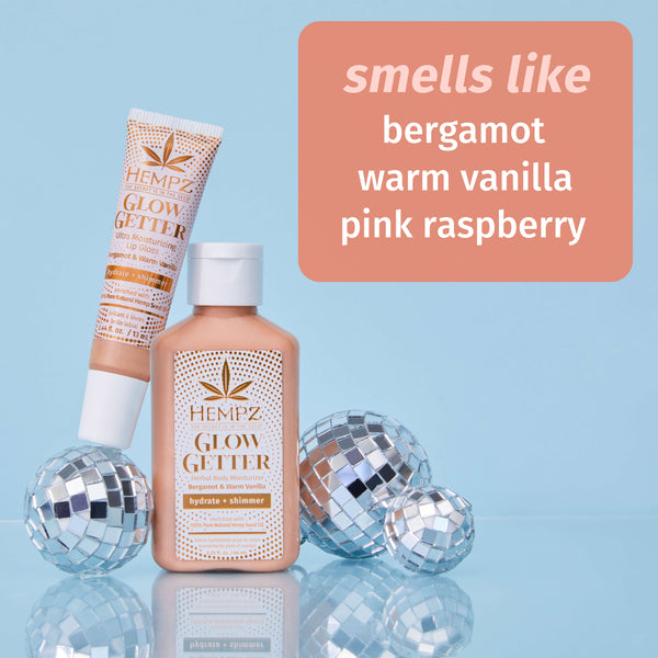 Our Glow Getter Set with shimmer and notes of bergamot, warm vanilla & pink raspberry