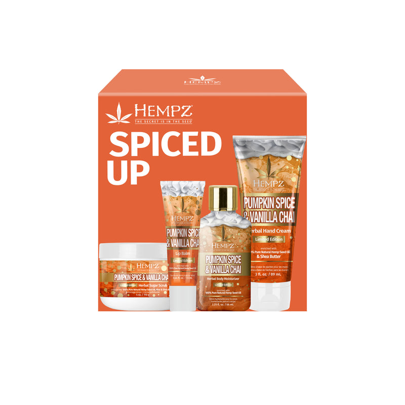 Hempz Spiced Up Pumpkin Spice & Vanilla Chai Mini Lotion, Lip Balm, Hand Cream & Sugar Scrub Set