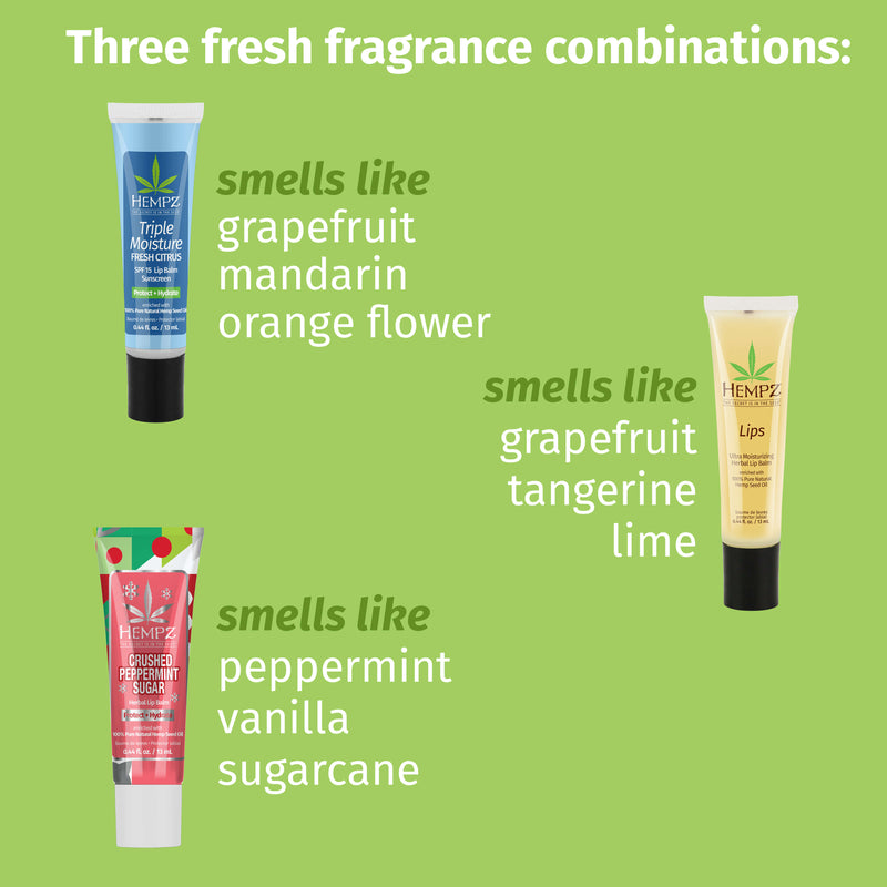 Hempz Sweet Lips Trio with Fresh Citrus, Citrus & Crushed Peppermint Sugar scents