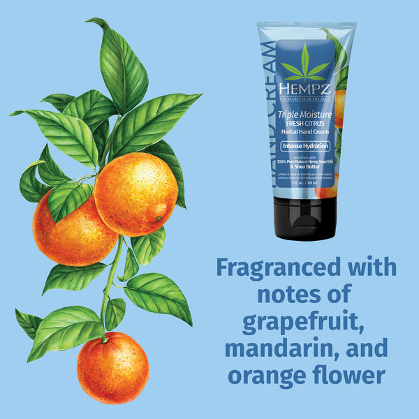 Grapefruit, mandarin, and orange flower notes in Hempz Triple Moisture Hand Cream