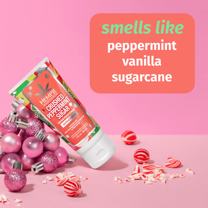 Hempz Crushed Peppermint Sugar Herbal Hand Cream with notes of peppermint, sugar & vanilla