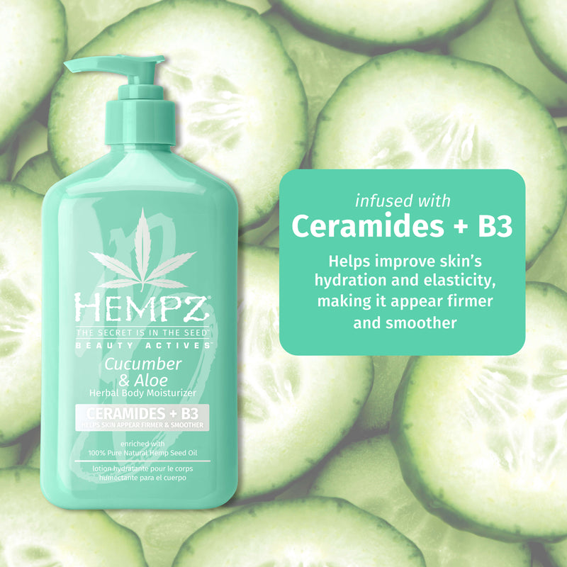 Hempz Cucumber Lotion with ceramides to help improve skin's hydration and elasticity, making it appear firmer and smoother