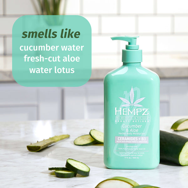 Hempz Cucumber Lotion with notes of fresh aloe, cucumber water, and water lotus