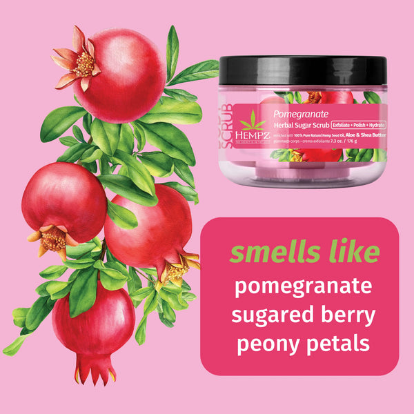 Hempz Pomegranate Sugar Scrub with notes of sugared berry and peony petals