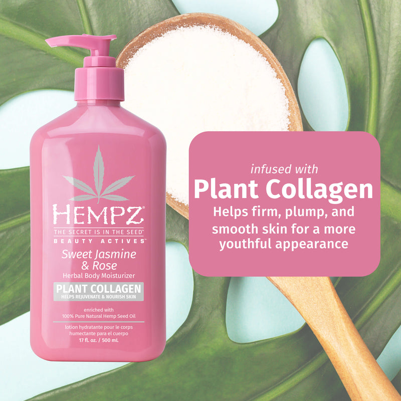Hempz Sweet Jasmine Lotion with plant collagen helps skin look more youthful