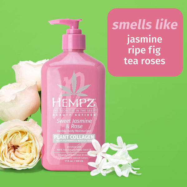 Hempz Sweet Jasmine & Rose lotion with a floral fragrance with notes of ripe fig and tea roses