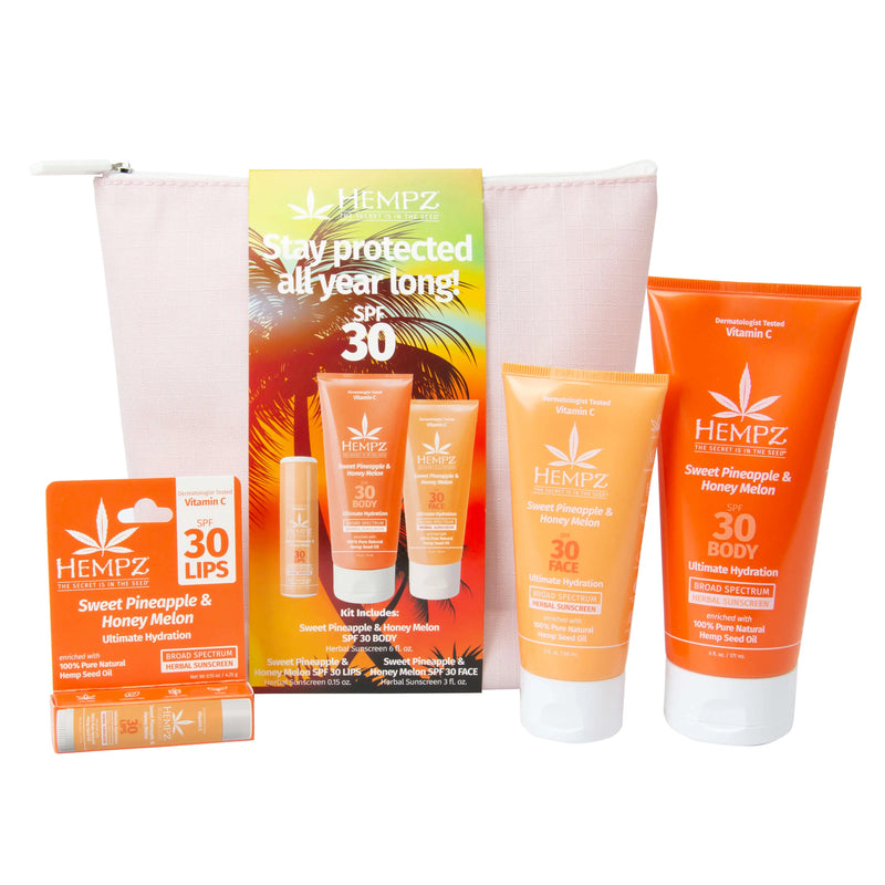 Hempz Sweet Pineapple & Honey Melon Daily Essentials Kit SPF 30 with SPF Face, Body & Lip Protection