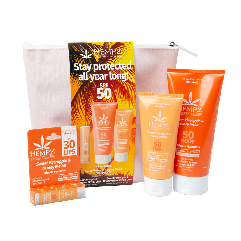 Hempz Sweet Pineapple & Honey Melon Daily Essentials Kit SPF 50 with SPF Face, Body & Lip Protection