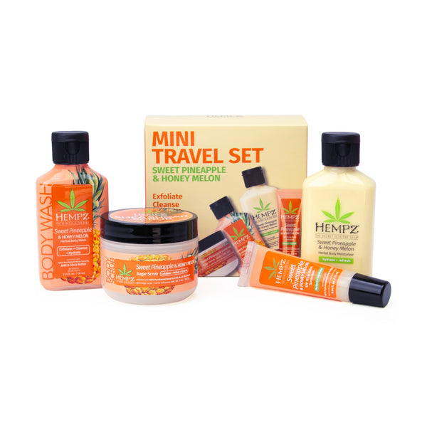 Sweet Pineapple & Honey Melon Body Scrub, Wash, Lotion & Lip Balm Mini Travel Set with products outside of box