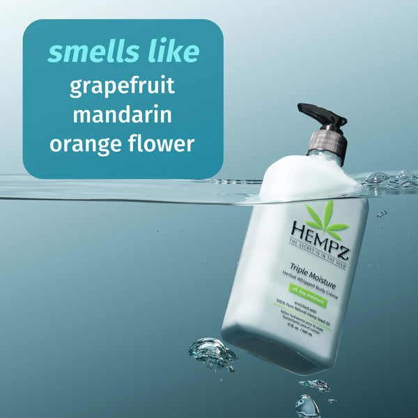 Hempz Triple Moisture lotion with a fresh citrus scent with notes of grapefruit, mandarin, and orange flowers