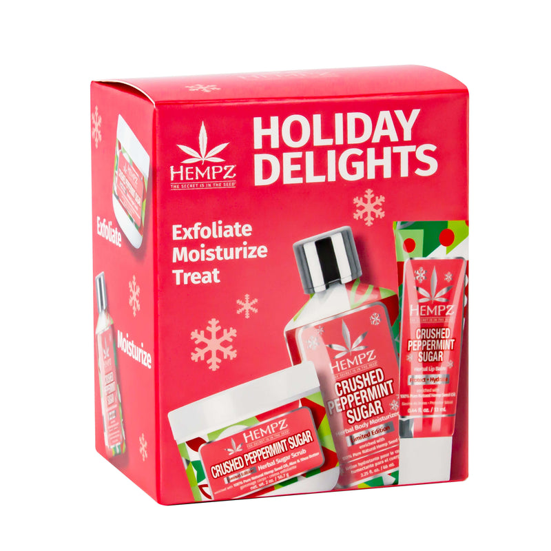 Hempz Holiday Delights Crushed Peppermint Mini Lotion, Lip Balm & Sugar Scrub Set in the Box