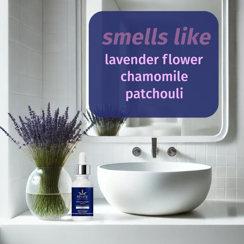 Discover the calming blend of lavender flower, chamomile, and patchouli with Hempz Retinol Serum. Perfect for a relaxing skincare routine, this serum brings the soothing scents of nature to your daily regimen. Ideal for a serene bathroom setting