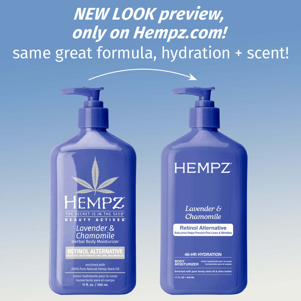 Two Hempz Lavender & Chamomile bottles on a blue gradient background with promotional text.