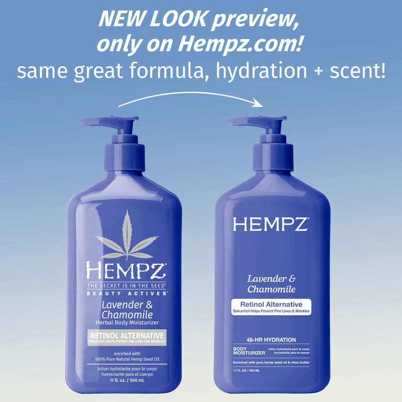 Two Hempz Lavender & Chamomile bottles on a blue gradient background with promotional text.