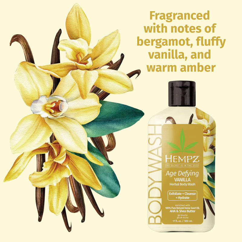  Notes of bergamot, fluffy vanilla, and warm amber in Hempz Age Defying Body Wash