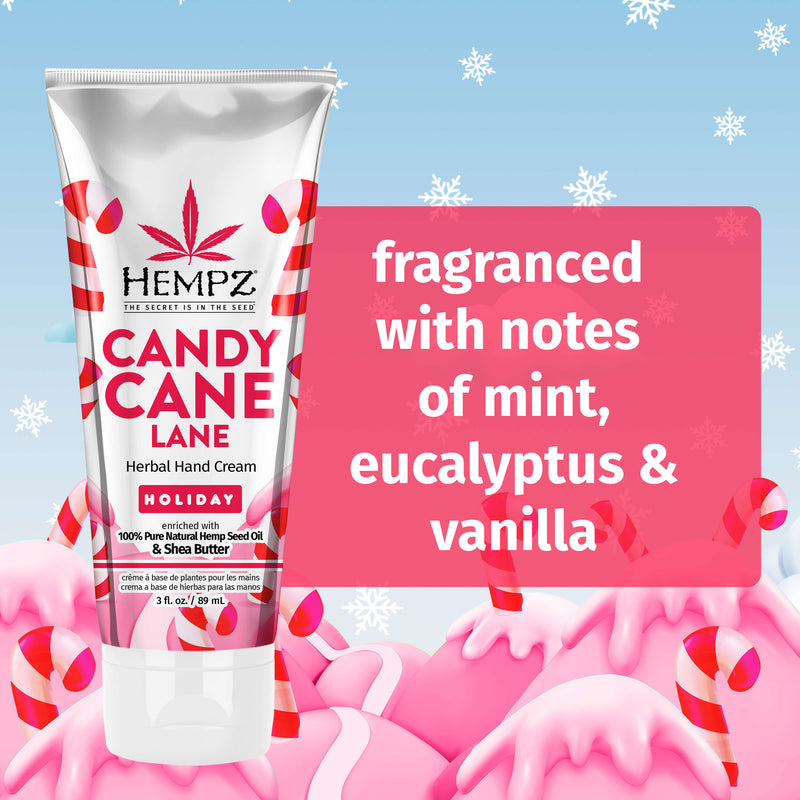 Notes of mint eucalyptus vanilla in Hempz Candy Cane Hand Cream