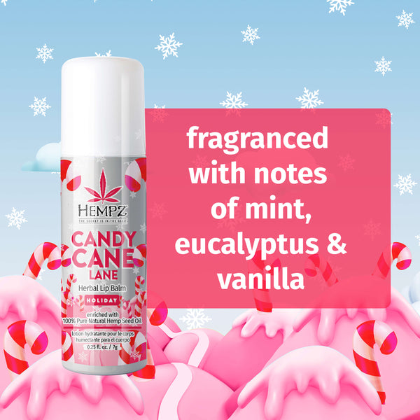 Notes of mint eucalyptus vanilla in Hempz Candy Cane Lip Balm