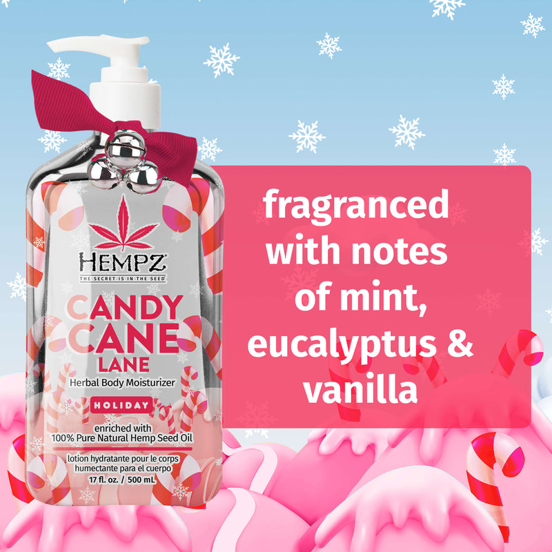 Notes of mint eucalyptus vanilla in Hempz Candy Cane Lotion
