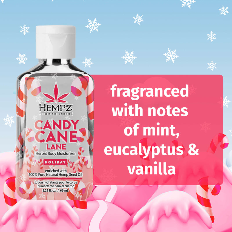 Notes of mint eucalyptus vanilla in Hempz Candy Cane Mini Lotion